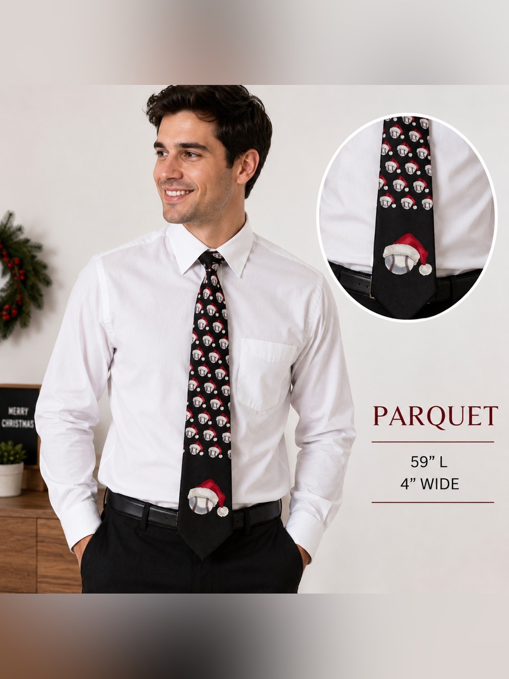 Parquet Christmas Baseball Santa Hat Novelty Tie Black 59” Holiday Necktie